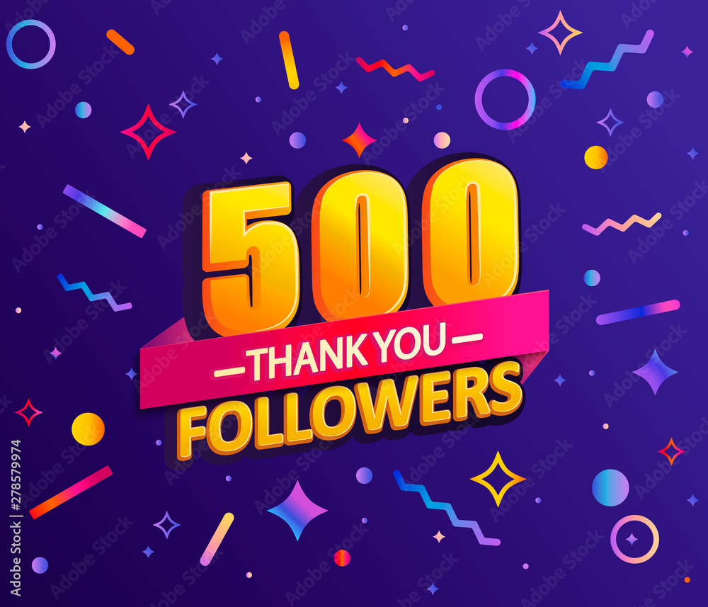 Thank you 500 followers,thanks banner.First half thousand follower congratulation card with geometric figures,lines,squares,circles for Social Networks.Web blogger celebrate new number of subscribers.