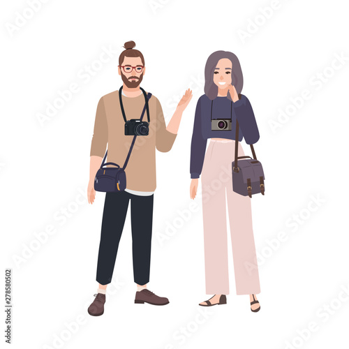 Happy funny man and woman photographers isolated on white background