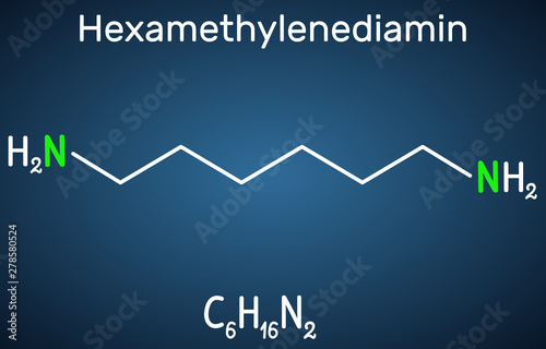 Hexamethylenediamine diamine molecule. It is monomer for nylon. Structural chemical formula on the dark blue background