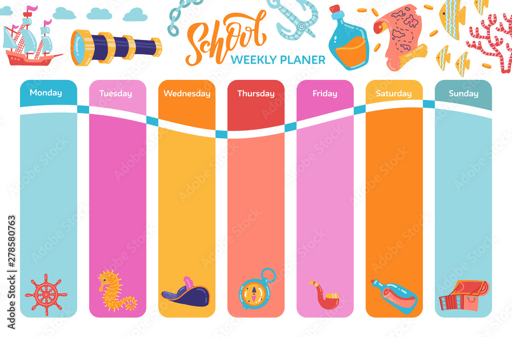 Bright weekly calendar planner, school timetable with Adventure symbols ...