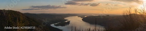 Panoramic landscape of the Columbia River Gorge at sunset