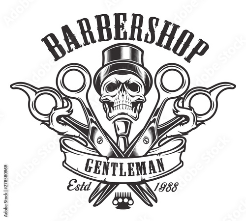 Vector illustration on the theme of barbershop with skull