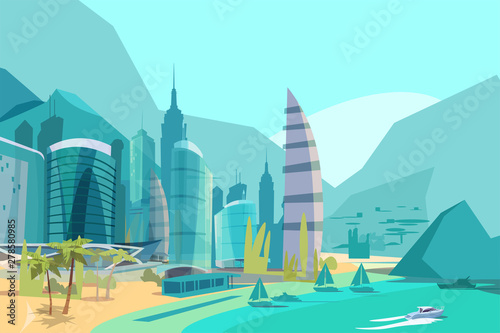 Beautiful city and sea view flat vector illustration