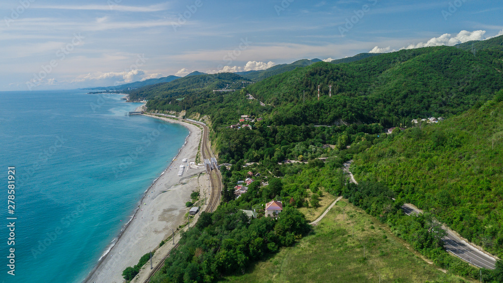 Aerial view from drone - winding road from the high mountain pass in Sochi, Russia.