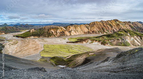 Panoramic view of colorful rhyolite volcanic mountains Landmanna photo