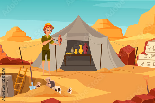 Archaeologist exploring artifact flat illustration