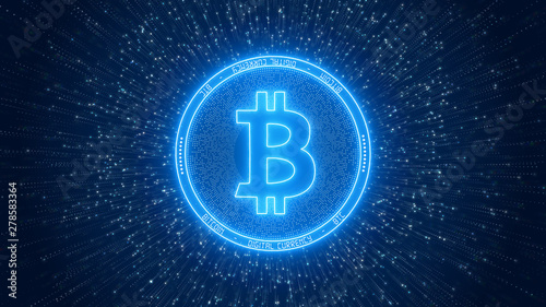Illustration of a Bitcoin in glowing blue on a particle background