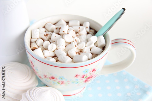 A Cup of cocoa and marshmallows on a white background.