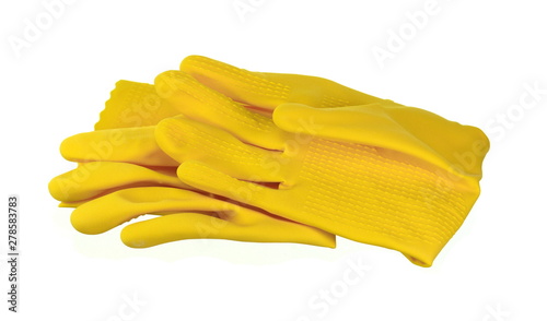 Yellow rubber gloves isolated on white background.