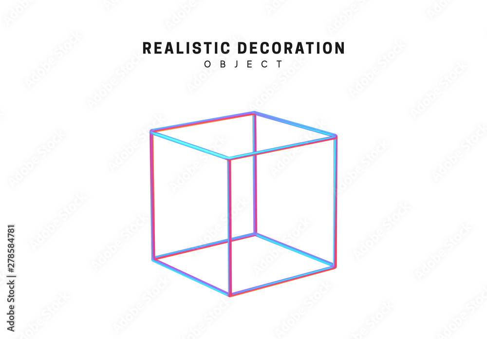 Shaped linear square, cube Realistic shape 3d objects with gradient holographic color of hologram. Geometric decorative design elements isolated on white background. vector illustration.