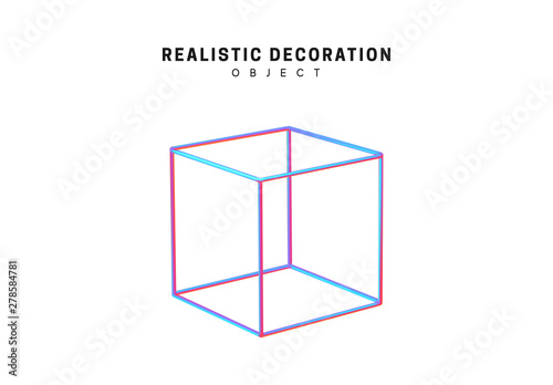 Shaped linear square, cube Realistic shape 3d objects with gradient holographic color of hologram. Geometric decorative design elements isolated on white background. vector illustration. photo
