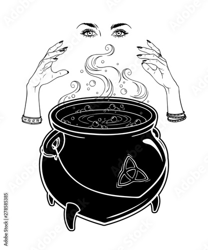 Boiling magic cauldron and witch hands cast a spell vector illustration. Hand drawn wiccan design, astrology, alchemy, magic symbol or halloween design.