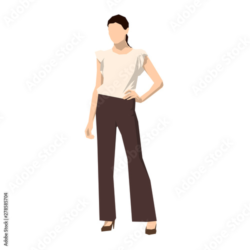 Young businesswoman standing with hand on hip, geometric flat design vector illustration