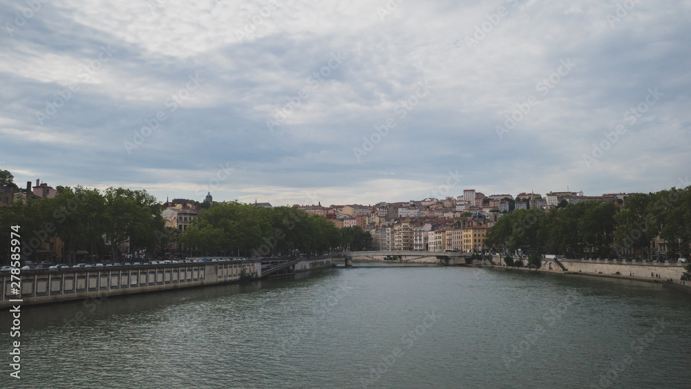 Buildings and bridges over the Saone River in downtown Lyon, France