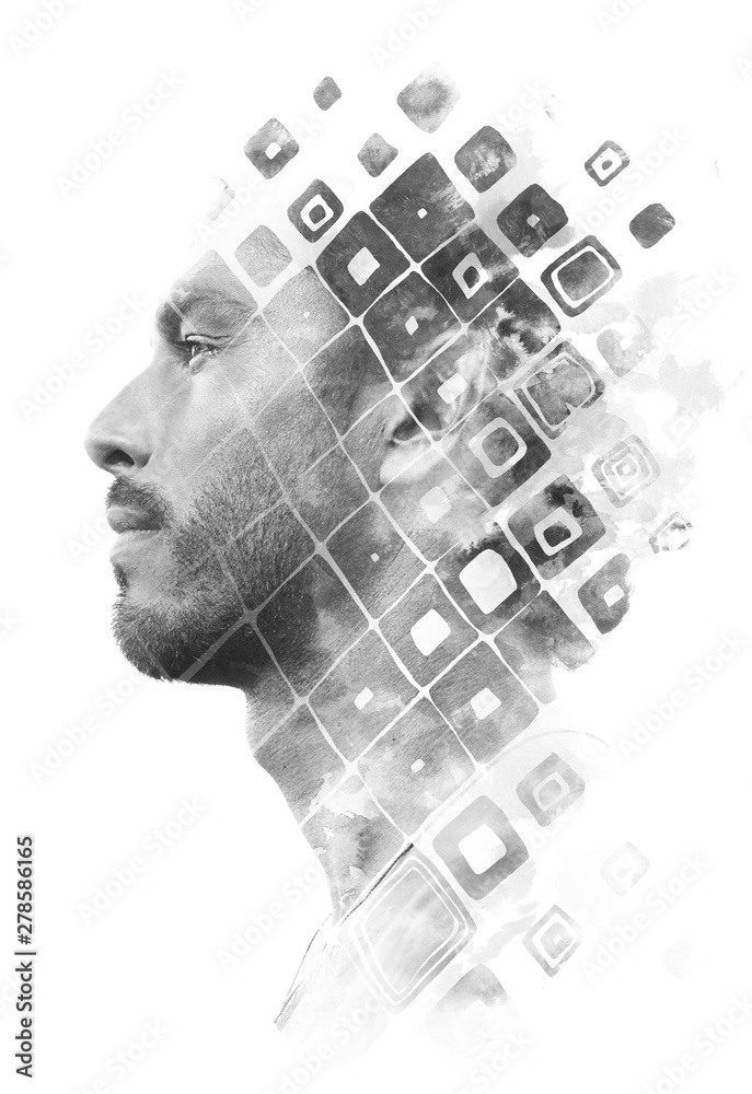 Paintography. Double exposure of an attractive male model combined with hand drawn ink paintings with geometry, symbols, black and white