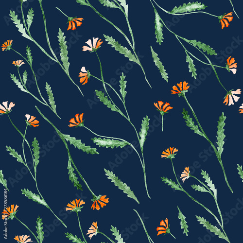 Orange flowers watercolor painting - hand drawn seamless pattern on navy blue background