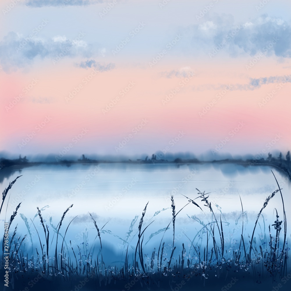 Morning lake landscape. Beautiful natural art. Digital painting Morning lake landscape. Beautiful natural art. Digital painting