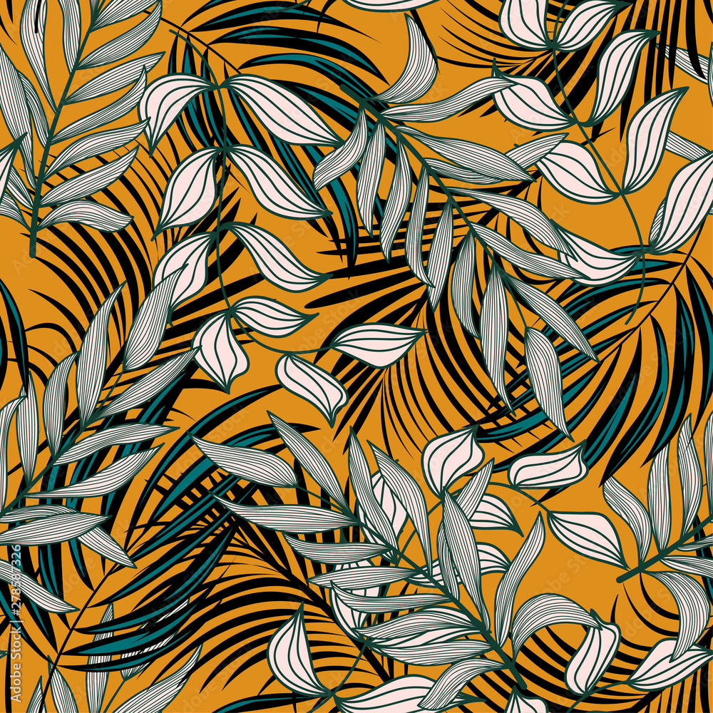 Trending abstract seamless pattern with colorful tropical leaves and plants on orange background. Vector design. Jungle print. Flowers background. Printing and textiles. Exotic tropics. Fresh design.