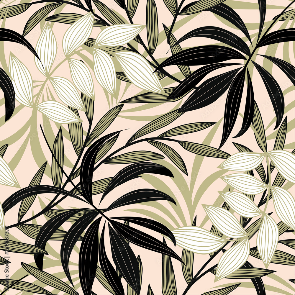 Trend abstract seamless pattern with colorful tropical leaves and plants on a delicate background. Vector design. Jungle print. Flowers background. Printing and textiles. Exotic tropics. Fresh design.
