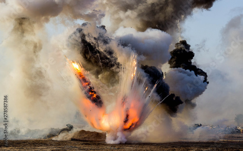 Explosions of bombs and shells. Reconstruction of the battle of world war II. Battle for Sevastopol. Reconstruction of the battle with explosions