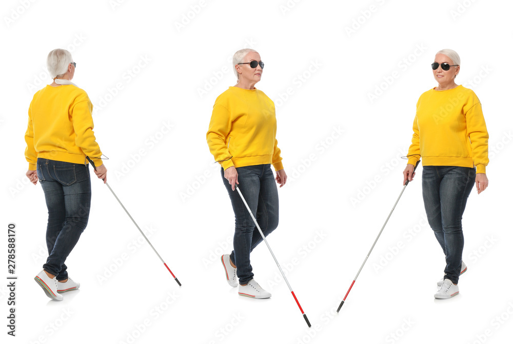 Set of mature blind woman with long cane walking on white background Set of mature blind woman with long cane walking on white background