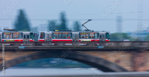 Tram, Jirasek Bridge, Prague, Czech Republic, Europe photo