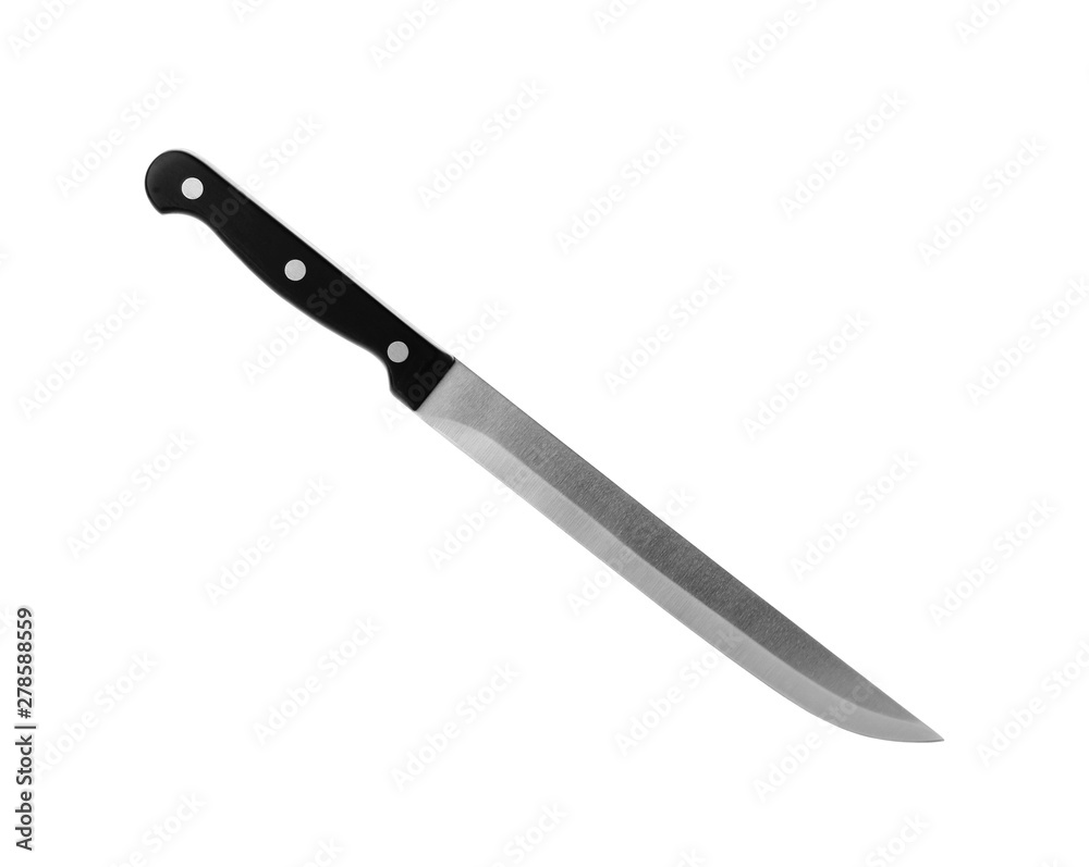 Sharp slicing knife with black handle isolated on white Sharp slicing knife with black handle isolated on white