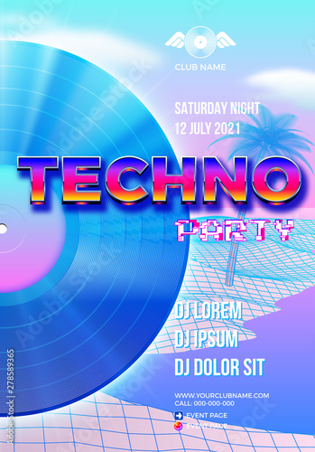 Beach party poster for clubbing dance event with vaporwave, 80s retro or synth wave style and palm trees