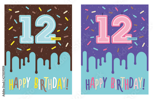 Birthday greeting card with dripping glaze on decorated cake and number 12 celebration candle
