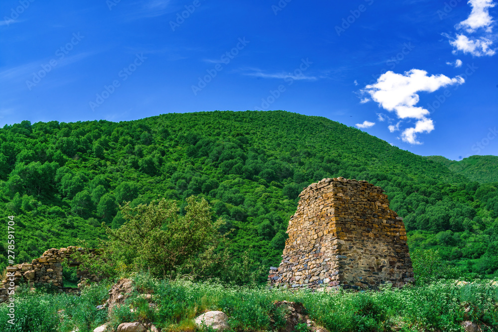 The ruins of medieval fortress towers and fortifications