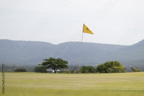 Golf Green. With red golf flag 