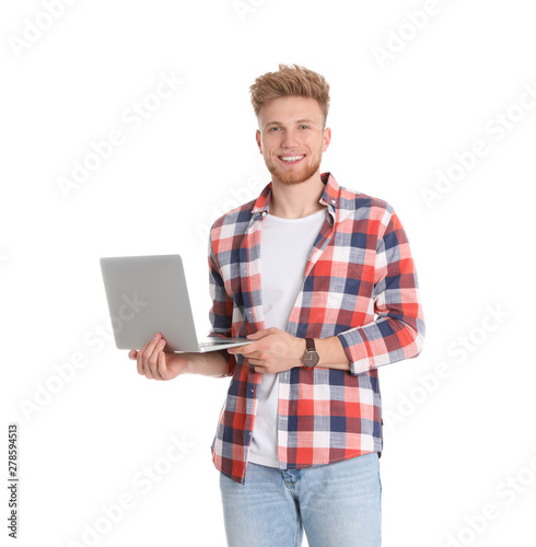 Happy man with laptop on white background