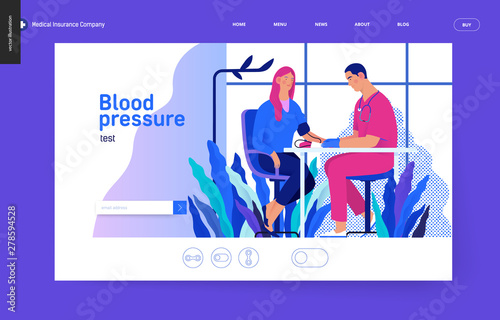 Medical tests Blue - blood pressure test - modern flat vector concept digital illustration of blood pressure measurement procedure - a patient and doctor with a meter, medical office or laboratory