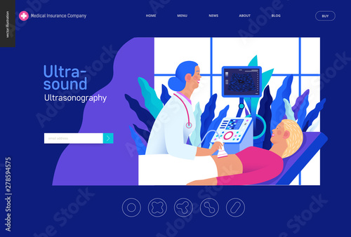 Medical tests Blue template -ultrasound - modern flat vector concept digital illustration of ultrasonography procedure -doctor examing patient pregnant woman with scanner, medical office or laboratory