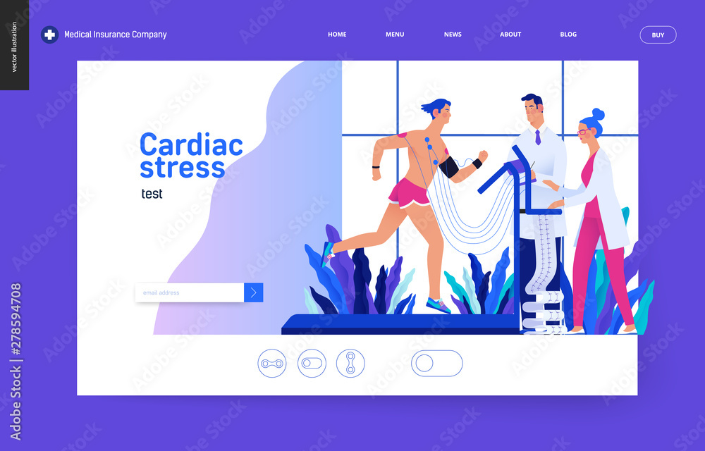 Medical tests Blue template - cardiac stress test -modern flat vector concept digital illustration, stress test procedure -patient with sensors on treadmill, doctors carrying out procedure, laboratory