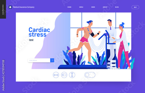Medical tests Blue template - cardiac stress test -modern flat vector concept digital illustration, stress test procedure -patient with sensors on treadmill, doctors carrying out procedure, laboratory