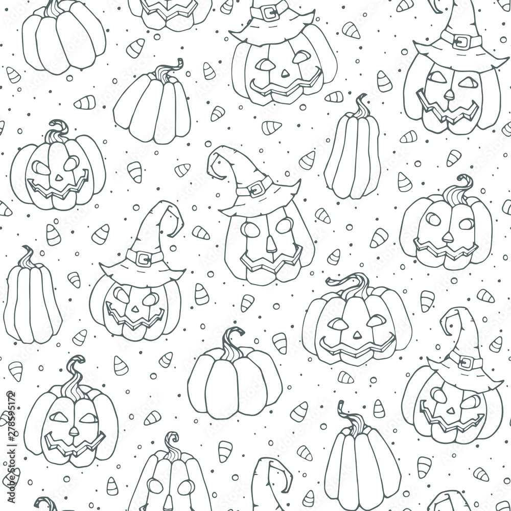 Fototapeta Vector Halloween seamless pattern with candy corns, smiling pumpkins and witch hats black outline. Holiday background for wrapping paper, coloring books, etc.