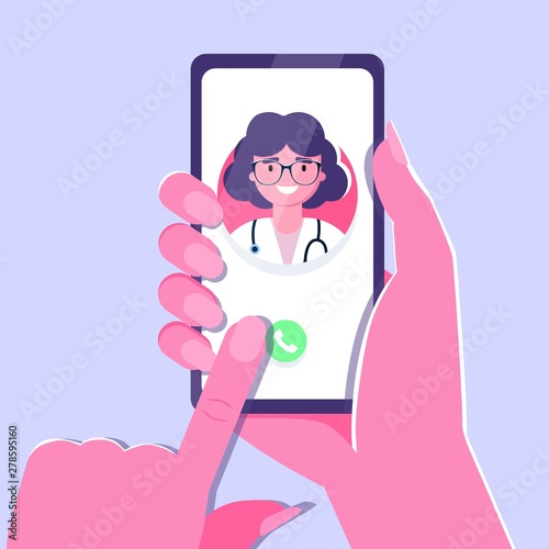 Woman Hand holding smartphone with female therapist on call and an online consultation. Vector flat illustration. Ask doctor. Online medical advise or consultation service, tele medicine
