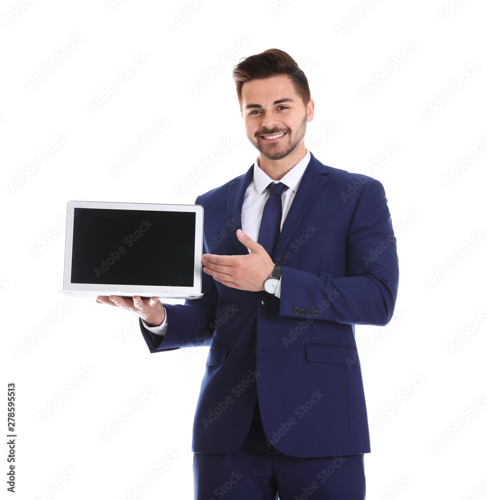Young man with laptop on white background. Space for text Young man with laptop on white background. Space for text