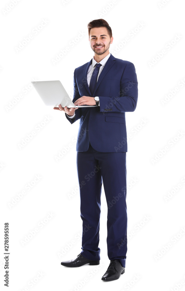 Young man with laptop on white background