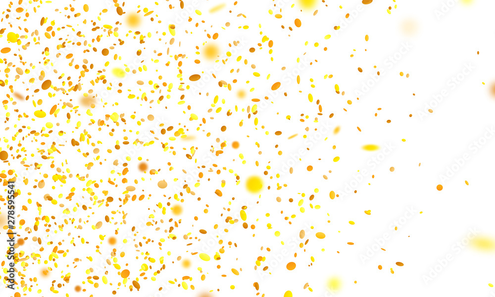 Golden confetti. Falling randomly glitter tinsel. Shiny isolated round particles on white background. Vector celebration illustration for carnival, party, anniversary or birthday. Golden confetti. Falling randomly glitter tinsel. Shiny isolated round particles on white background. Vector celebration illustration for carnival, party, anniversary or birthday.