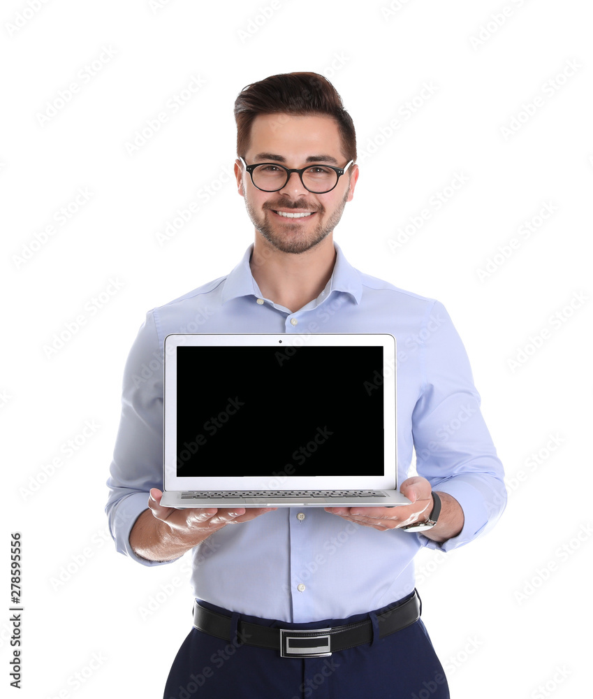 Young man with laptop on white background. Space for text Young man with laptop on white background. Space for text