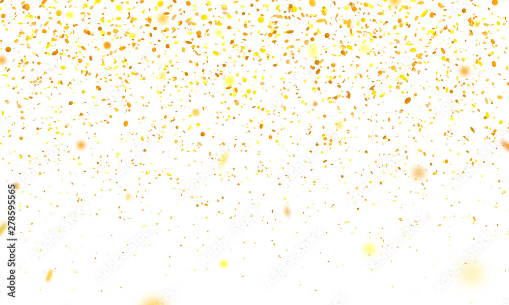 Golden confetti. Falling randomly glitter tinsel. Shiny isolated round particles on white background. Vector celebration illustration for carnival, party, anniversary or birthday.