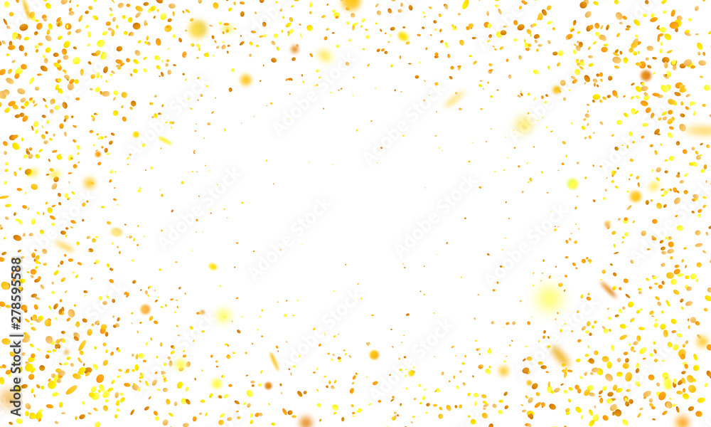 Golden confetti. Falling randomly glitter tinsel. Shiny isolated round particles on white background. Vector celebration illustration for carnival, party, anniversary or birthday.