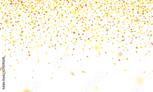 Golden confetti. Falling randomly glitter tinsel. Shiny isolated round particles on white background. Vector celebration illustration for carnival, party, anniversary or birthday.