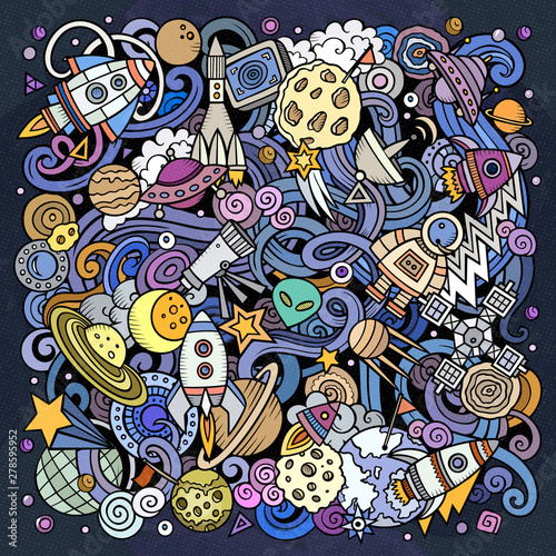 Cartoon vector doodles Space illustration. Colorful background