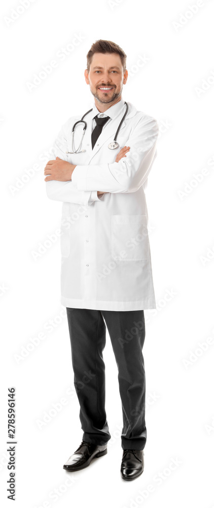 Full length portrait of smiling male doctor isolated on white. Medical staff Full length portrait of smiling male doctor isolated on white. Medical staff