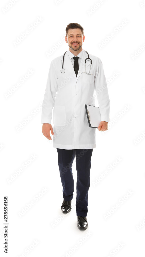 Full length portrait of male doctor with clipboard isolated on white. Medical staff Full length portrait of male doctor with clipboard isolated on white. Medical staff
