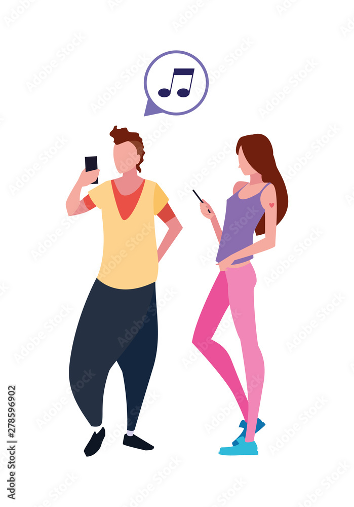 man and woman characters using smartphone man and woman characters using smartphone