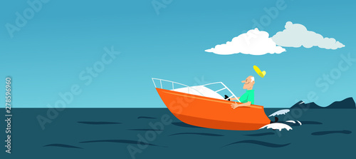 Mature man driving a speedboat, copy space on the left, EPS 8 vector illustrated background © aleutie